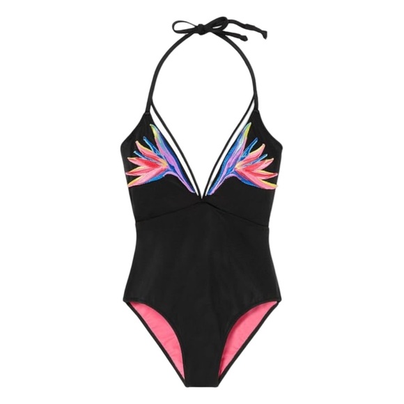 PINK Victoria's Secret Black and Pink Swimwear Embroidered One Piece Medium - Picture 1 of 12